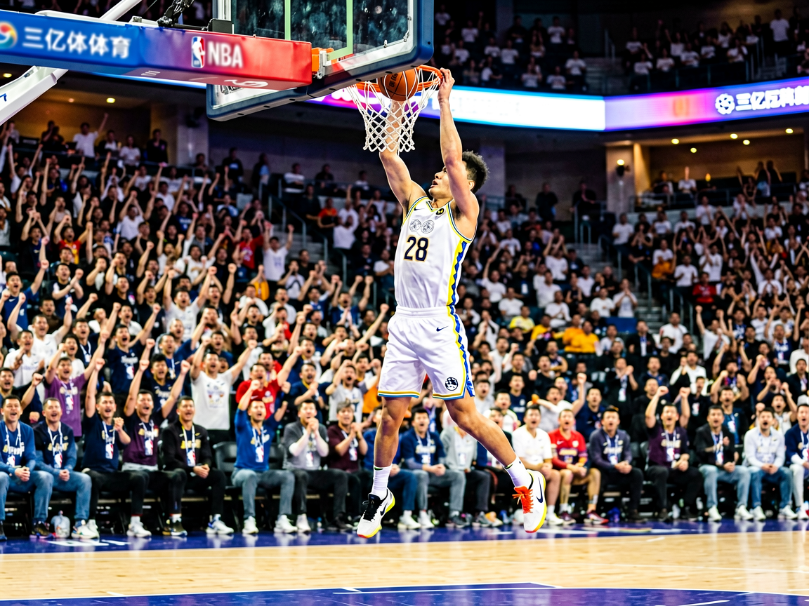 篮球比赛现场，球员在空中完成扣篮动作，观众席欢呼声不断，赛场氛围热烈