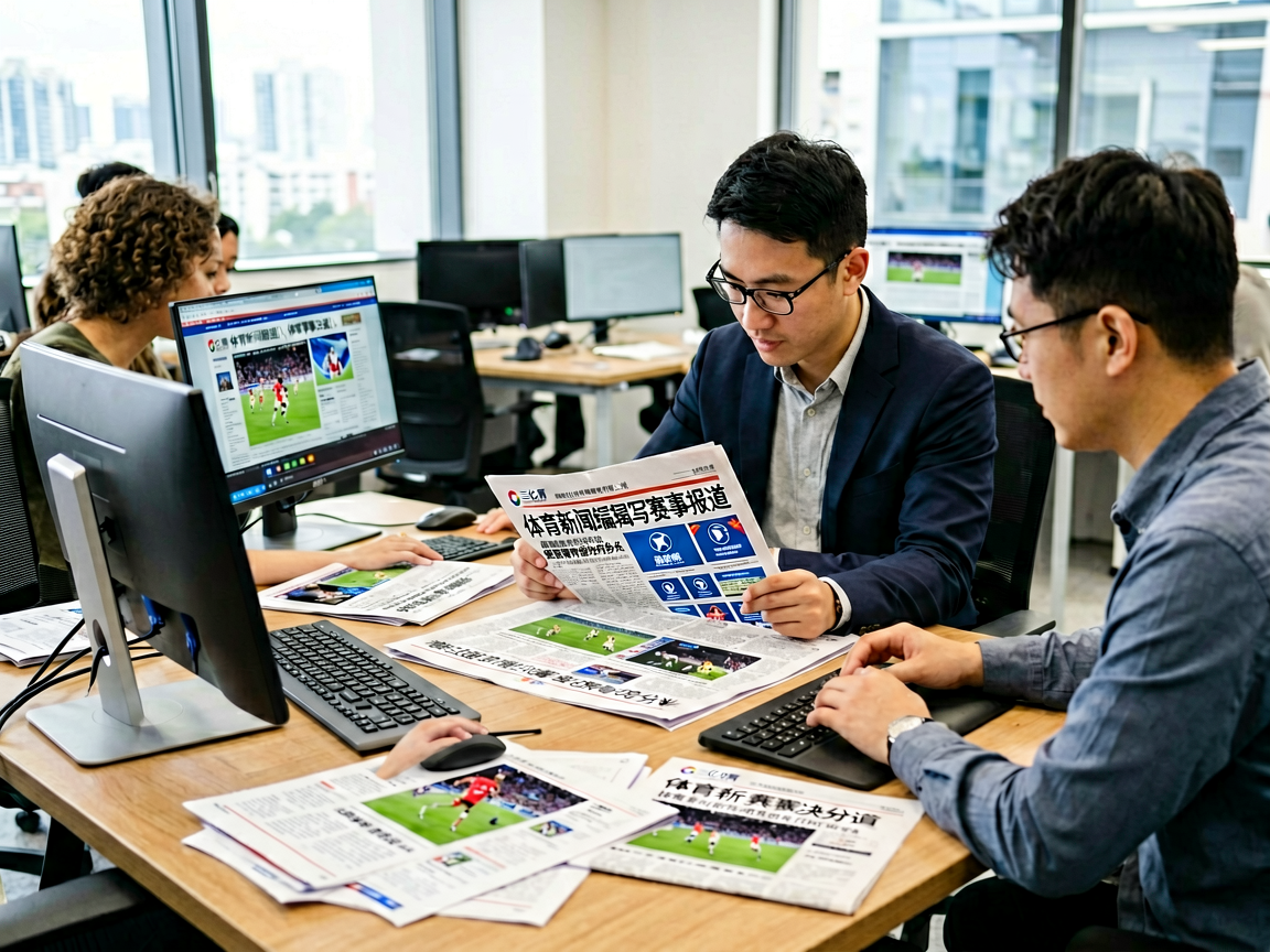 体育新闻编辑团队正在撰写赛事报道，桌上摆放着多台电脑和赛事资料