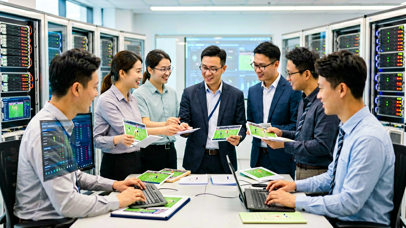 三亿体育团队在数据中心进行赛事数据分析和内容审核工作，专业团队保障服务质量